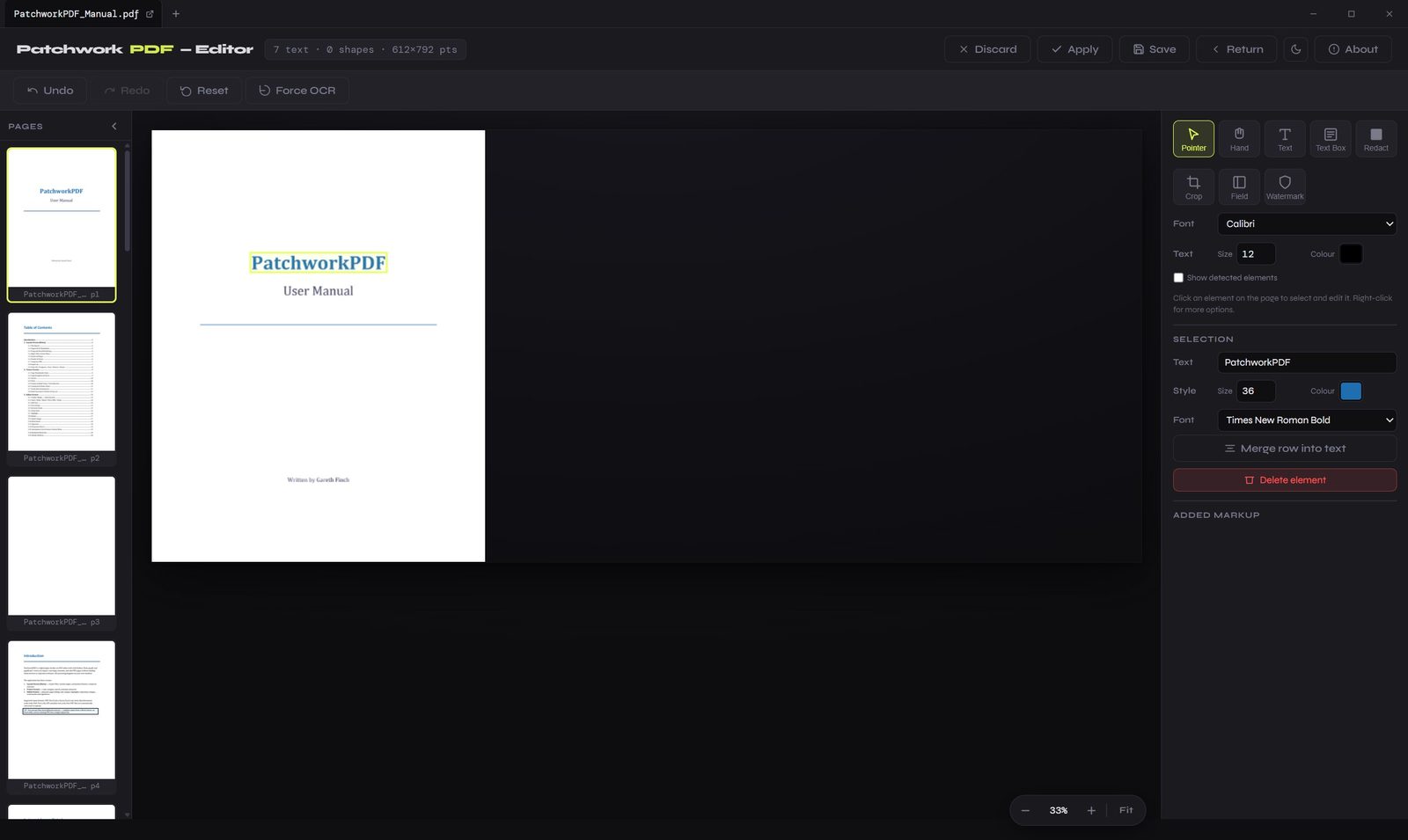 PatchworkPDF editor in dark mode, with a dark interface around a light document page