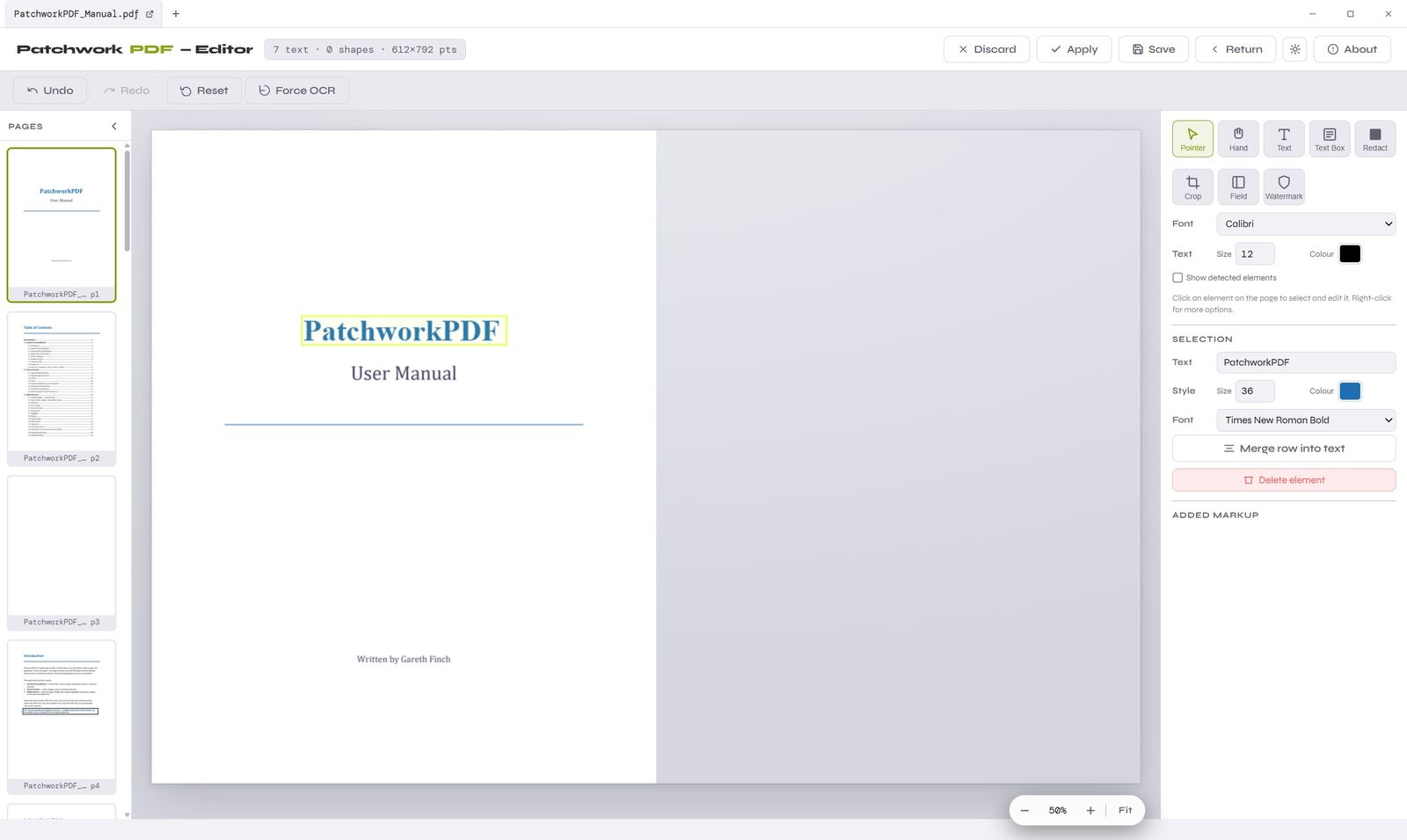 PatchworkPDF editor with a text element selected, showing font, size and colour controls
