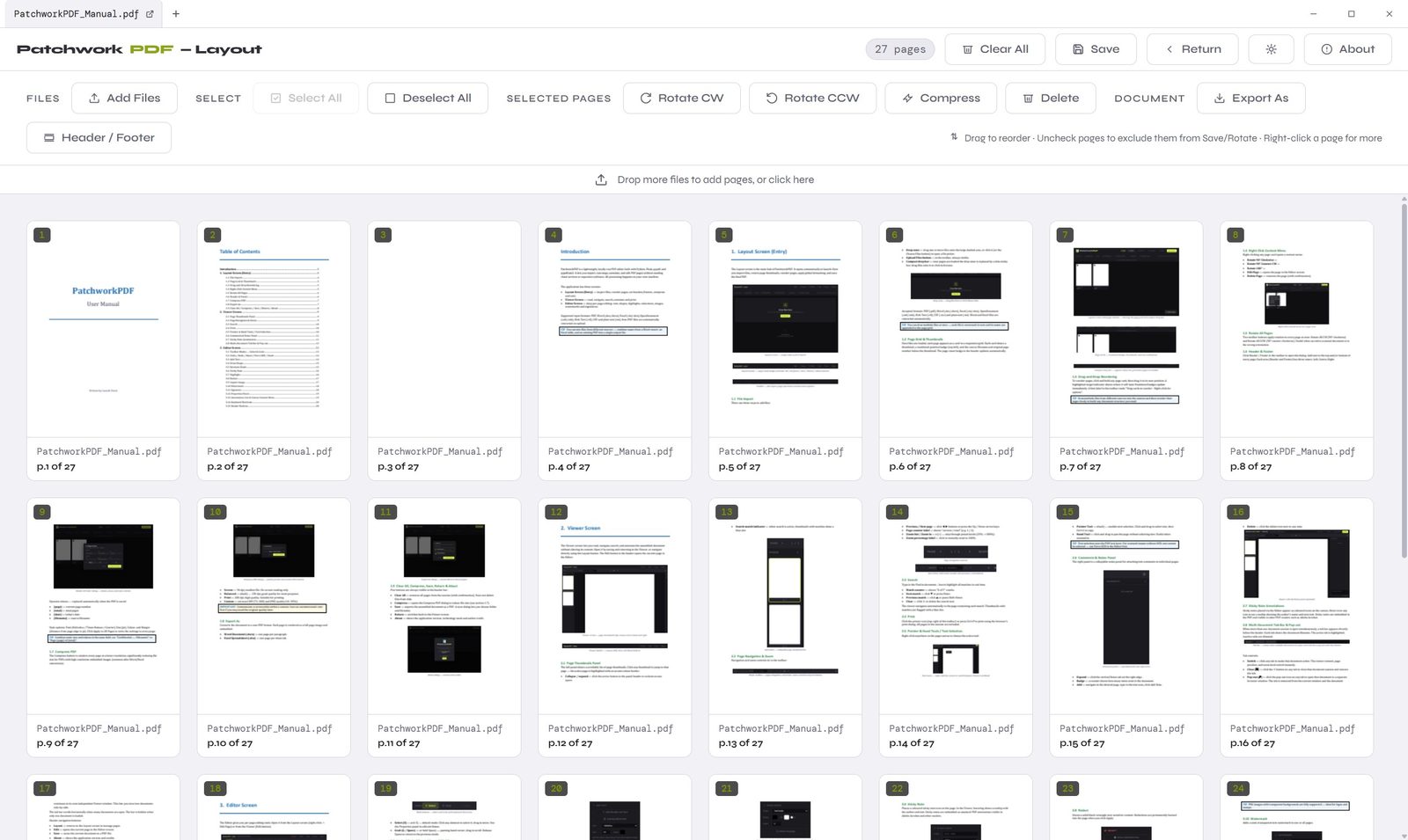 PatchworkPDF layout screen showing all 27 pages of a document as a reorderable grid of cards