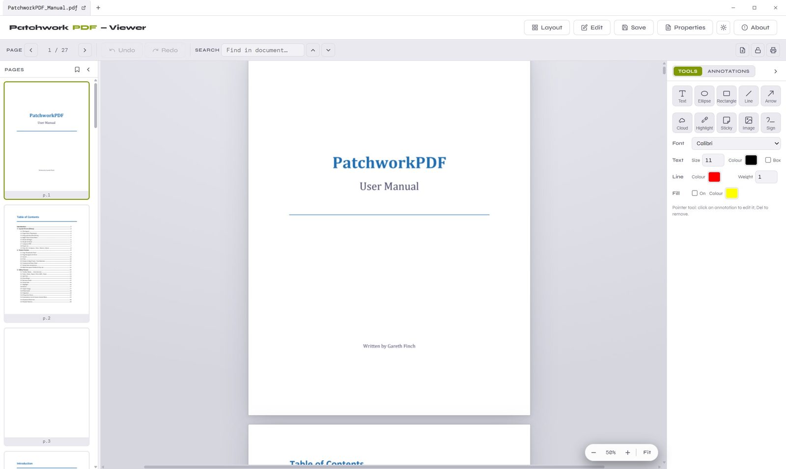 PatchworkPDF viewer showing a PDF open with the page thumbnails panel and annotation tools